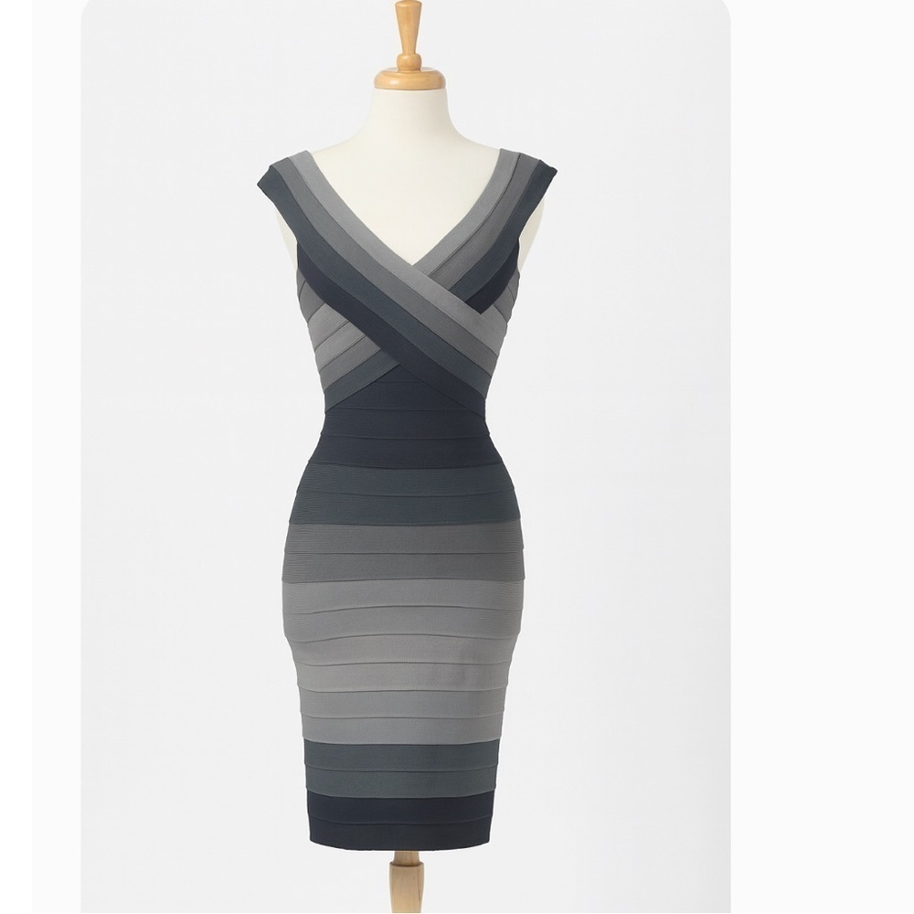 Tadashi Shoji Black and Grey Striped Body Con Fitted Bandage Dress Size Medium
